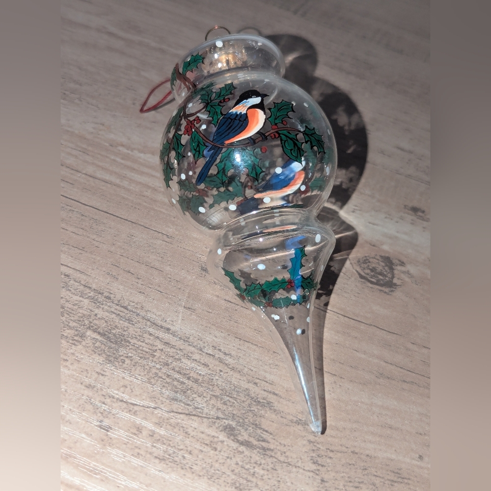 Chickadees Holly Bush Inside Art Glass Teardrop Ornament by Figi Hand Painted